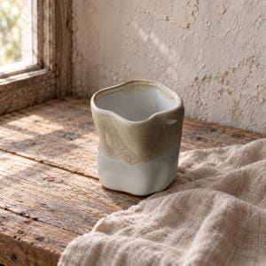 Irregular Ceramic Coffee Cup Handleless Tumbler White and Beige Reactive Glaze Cup Wabi Sabi Pottery Minimalist Tea Gift