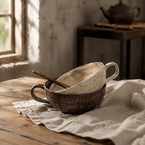 Pode incluir: Duas tigelas de cerâmica empilhadas com alças, apresentando um exterior texturizado castanho escuro e um interior creme mais claro com subtis estrias horizontais e pintas. Uma colher de madeira escura fina repousa dentro da tigela superior.