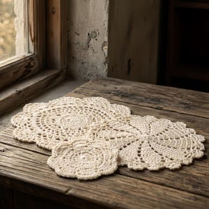 May include: A set of three round, off-white crochet doilies featuring intricate, openwork patterns with scalloped edges. The pieces vary in size, with two larger circular mats and one smaller circular mat, all crafted from a textured yarn material.