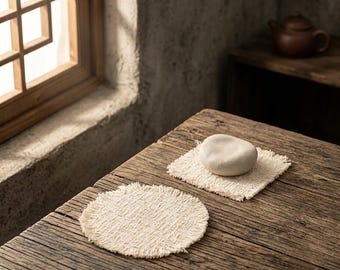 Handmade Wabi-Sabi Linen Coaster Tea Mat Heat Resistant Raw Cotton Teacup Pad Minimalist Fringed Pot Mat Aesthetic Coffee Table Decor Gift
