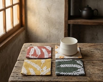 Handmade Linen Cotton Embroidered Coasters Japanese Square Mug Rug Floral Fabric Tea Coaster Heat Resistant Cup Mat Farmhouse Table Decor