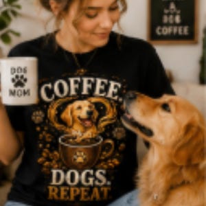 Könnte beinhalten: Ein schwarzes T-Shirt mit einer Grafik eines goldenen Hundes in einer Kaffeetasse, umgeben von Kaffeebohnen und dem Text COFFEE. DOGS. REPEAT. Ein weißer Becher mit dem Text DOG MOM und einem Pfotenabdruck wird neben dem T-Shirt gehalten.