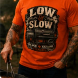 Pode incluir: Camiseta laranja com as palavras "LOW & SLOW" acima de um gráfico de um fumegador. A camisa também tem o texto "REAL FLAVOR TEXAS BBQ". A pessoa está segurando uma pinça.