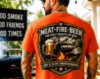 Meat Fire Beer BBQ Shirt: Pitmaster Grill Master Tee, Vintage Smokehouse Design