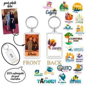 May include: A clear rectangular keychain with a photo of a couple on the front and a bird graphic with "JAKARTA 2025" on the back. The keychain also features a photo of a couple and text that says "100% customizable for your convention."