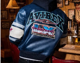 Men's Blue AVIREX Real Bomber Varsity American Fighter Genuine Leather Jacket Gift For Him