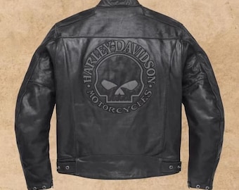 Harley Davidson Reflective Skull Leather Biker Jacket Black Motorcycle Vintage Racing Coat