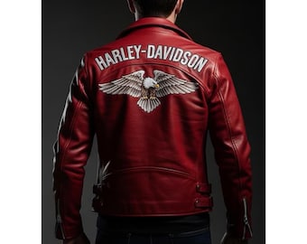 Harley Davidson Style Red Leather Biker Jacket Black Motorcycle Vintage Racing Coat