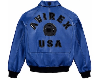 Men's Blue AVIREX Real Bomber Varsity American Fighter Genuine Leather Jacket Gift For Him
