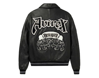 Men's Black AVIREX Real Bomber Varsity American Fighter Genuine Leather Jacket Gift For Him