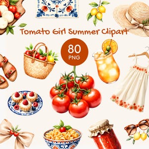 Pode incluir: Ilustração em aquarela de elementos com tema de verão. Inclui tomates, um chapéu de palha, uma cesta de tomates e limões, um copo de suco de laranja, um vestido branco e outros alimentos. O texto diz "Tomato Girl Summer Clipart" e "80 PNG".