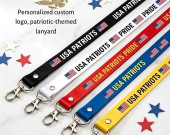 Cordones patrióticos personalizados con logotipo (venta al por mayor), cordones personalizados con la bandera estadounidense para llaves e identificaciones, cordones personalizados para el cuello para eventos y ferias comerciales.