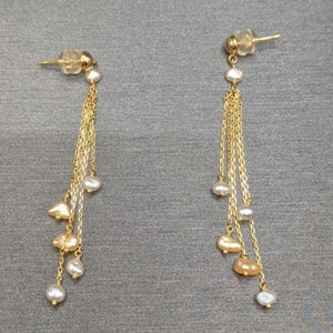 Keshi Earrings - 18K Gold Japanese Akoya Saltwater Keshi Pearls - Dangling 5 Strand Style - Handmade - Natural Keshi Baroque Drop Earrings