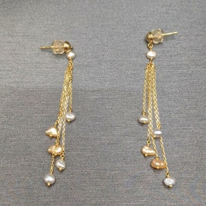 Keshi Earrings - 18K Gold Japanese Akoya Saltwater Keshi Pearls - Dangling 5 Strand Style - Handmade - Natural Keshi Baroque Drop Earrings