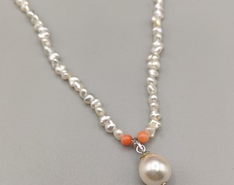 Handmade Necklace - Japanese Akoya Keshi, Coral and Round Akoya Pearl Pendant - Lustrous Baroque Saltwater Pearls 16.5 Inches - Silver Clasp