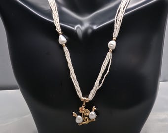 Keshi Pearl Necklace, 5-Strand Japanese Akoya Keshi Pearl Necklace with 18K Gold Floral Pendant Smallest Pearls in the World