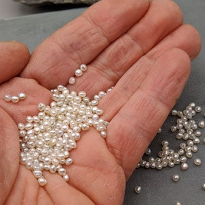 May include: A hand holding a pile of small, white, round pearls. The pearls are scattered on a gray surface.