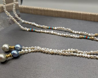 Lariat - Japanese Akoya Keshi Pearl  Rope Style Lariat - Handmade  Design - Turquoise 14K Yellow Gold Beads 39 Inch Length One of a Kind