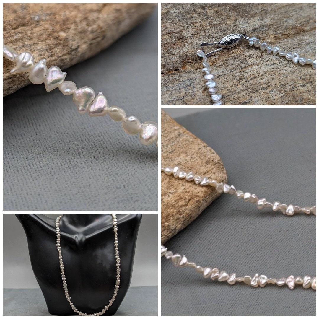 Keshi Pearl Necklace Handmade in Japan - 17.2 Inch Silver Clasp
