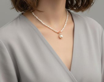 Keshi Pearl Necklace, Handmade Jewelry, Japanese Akoya Keshi, Coral and Round Akoya Pearl Pendant, Lustrous Saltwater Pearls 16.5 Inches