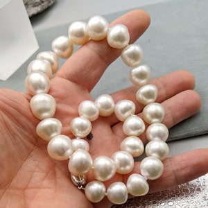Very Large Vintage Baroque South Sea Cultured Pearl Necklace Natural Off White Color Champagne Overtones  12 x 15.8 mm 30Pcs - 16.75 Inches