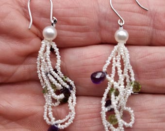 Keshi Pearl Earrings, Smallest Pearls in the World, with Peridot and Amethysts Dangling Loop Style  Handmade, 14K White Gold