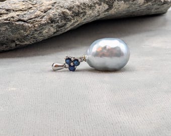 Baroque South Sea Pearl Pendant: 18K White Gold & Dark Blue Sapphire