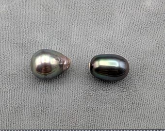 Loose Tahitian Pearls 2 Baroque Shape, Half Drilled 2 Piece Lot, Great for Pendants, Peacock and Cherry Overtones