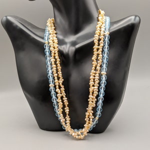 Handmade Jewelry - Blue Faceted Tourmaline Necklace with Japanese Keshi Pearls Very Light Orange Saltwater Keshi - Vermeil One Touch Clasp