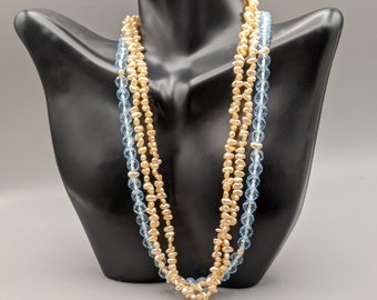 Keshi Pearl Necklace, Handmade, Blue Faceted Tourmaline with Japanese Keshi Pearls Light Orange Saltwater Keshi, One Touch Clasp