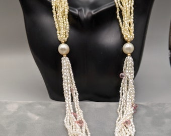 Keshi Pearl Necklace, Pink Topaz, South Sea and Japanese Saltwater Keshi, Handmade, Golden and White Keshi 22.5 Inches Natural Color Pearls