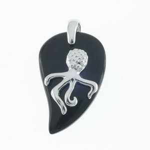 Octopus Onyx Pendant - Very Cute Carved Black Onyx Pendant with 925 Silver Carved Octopus - 925 Silver Bail - Handmade and Carved Black Onyx