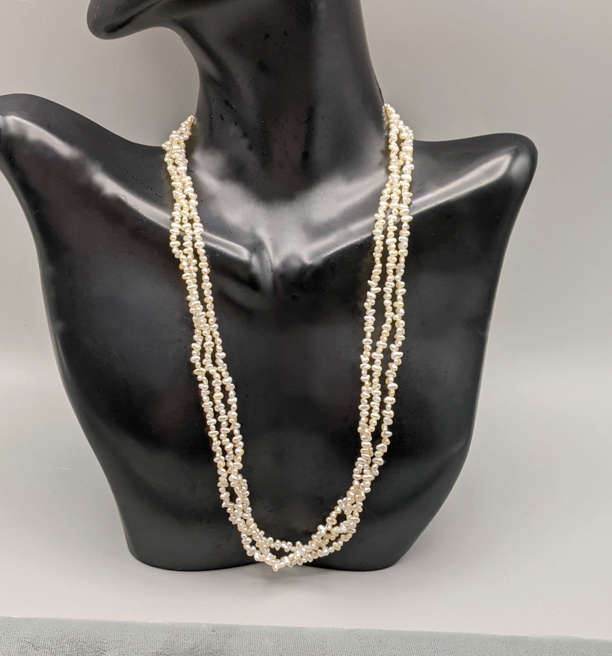 Keshi Pearl Necklace - Chic Japanese Saltwater Pearl Necklace - Triple Strand Handmade - One Touch Silver Clasp Japanese Keshi Pearls