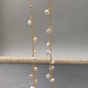 Earrings - Keshi Pearl Earrings - 18K Gold Japanese Akoya Saltwater Keshi Pearls Dangling Style Earrings  Natural Keshi Baroque Pearls