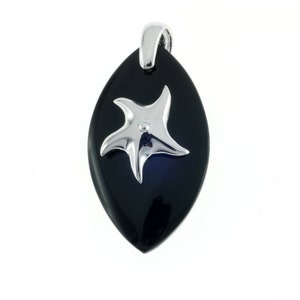 Starfish Onyx Pendant - Very Cute Carved Black Onyx Pendant with 925 Silver Carved Starfish and 925 Silver Bail - Handmade and Carved