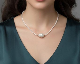 Handmade White Keshi & South Sea Pearl Necklace - 18K WG Clasp