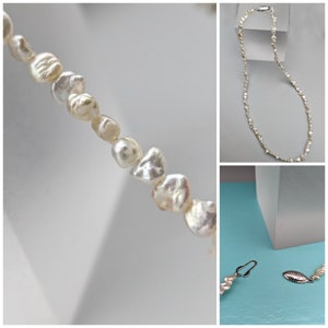 Handmade Japanese Keshi Pearl Necklace - 17 Inch Silver Clasp - Keshi Stick Pearls Light Silver Color with a Hint of Champagne - AAA Pearls