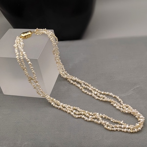 Pearl Necklace - Chic Japanese Saltwater Pearl Necklace - Triple Strand Handmade - One Touch Silver Clasp Japanese Keshi Pearls