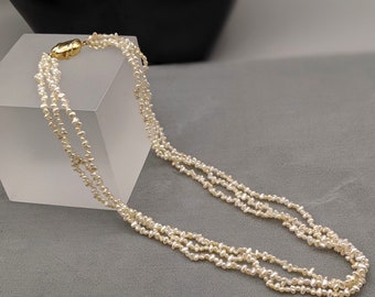 Pearl Necklace - Chic Japanese Saltwater Pearl Necklace - Triple Strand Handmade - One Touch Silver Clasp Japanese Keshi Pearls