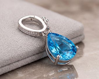 Blue Topaz Pendant 18K White Gold, 7.6ct Pear Cut Topaz Diamond Charm, Hinged Huggie Bail Enhancer, Fine Jewelry Gift for Her