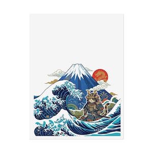 Samurai Cat Surfing The Great Wave Rolled Poster | Mount Fuji Ukiyo-e Japanese Art