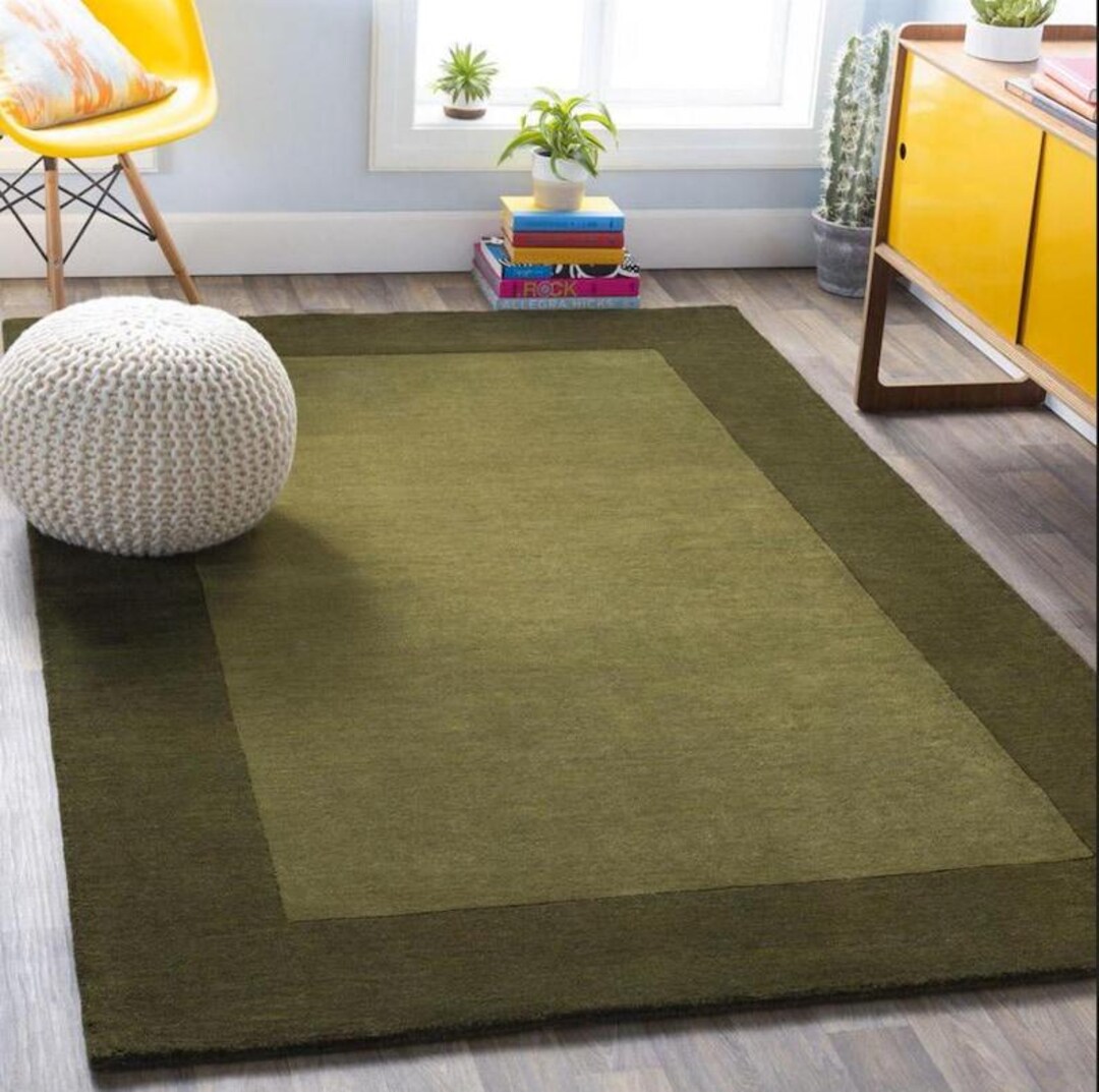 Olive Green Border Area Rug, Minimalist Modern Carpet for Living Room ...