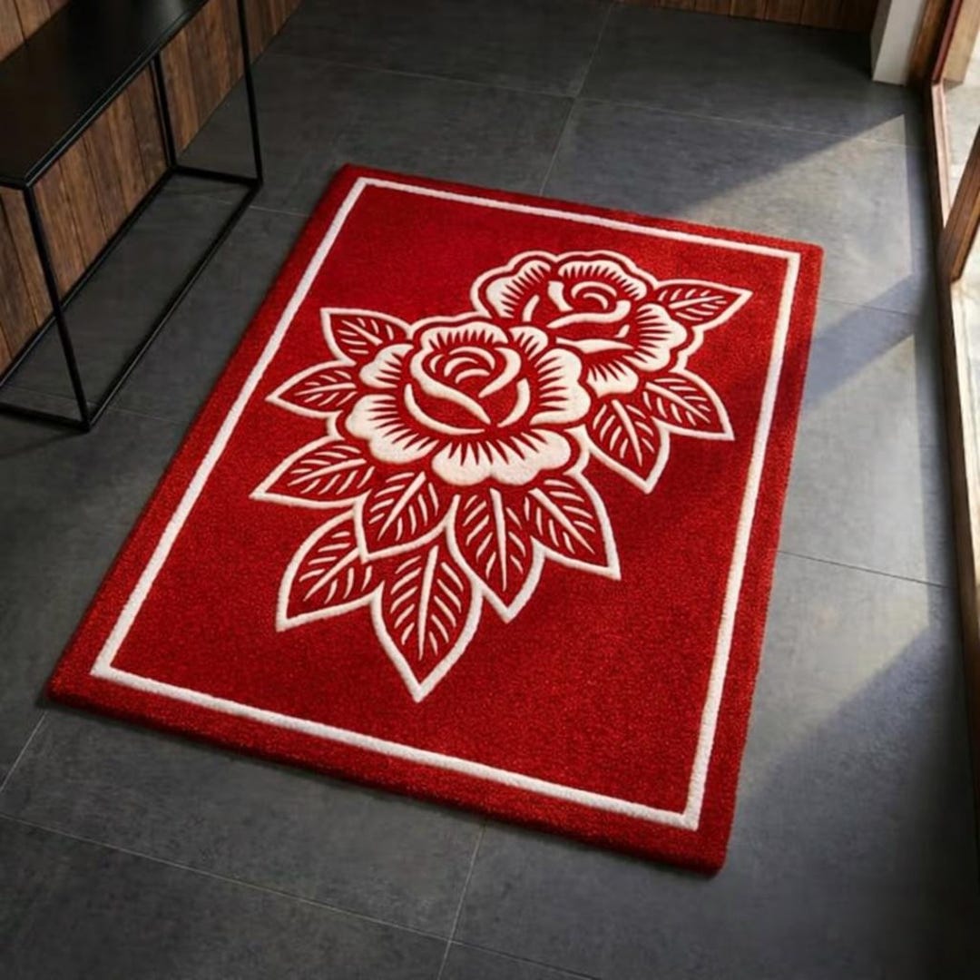 Red Floral Area Rug Handmade Rose Design Carpet Modern Bedroom Living ...