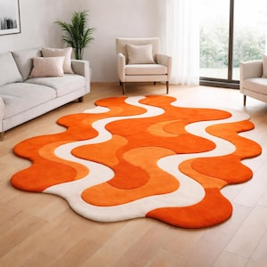 Modern Abstract Organic Shape Rug Orange Cream Wavy Area Rug Irregular Plush Carpet Decor
