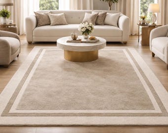 Tappeto beige trapuntato a mano, bordo moderno, tappeto minimalista per soggiorno.