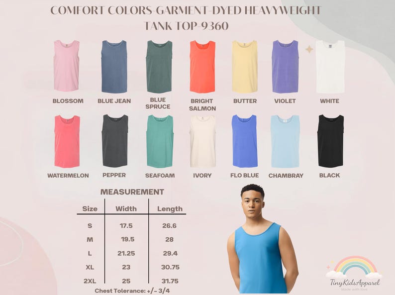 May include: Comfort Colors garment dyed heavyweight tank top 9360 color chart featuring 13 shades: blossom, blue jean, blue spruce, bright salmon, butter, violet, white, watermelon, pepper, seafoam, ivory, flo blue, chambray, and black with a size chart.