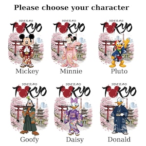 May include: Graphic featuring six Disney characters in traditional Japanese attire. Mickey, Minnie, Pluto, Goofy, Daisy, and Donald are depicted in front of a Tokyo backdrop. Text reads "Please choose your character" and "Disneyland Tokyo".