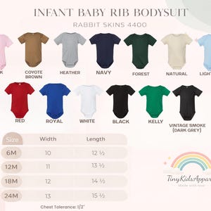 May include: A product image showcasing a variety of infant baby rib bodysuits in various colors, including pink, brown, heather gray, navy, forest green, and light blue. Sizes range from 6M to 24M, with width and length measurements provided in inches.