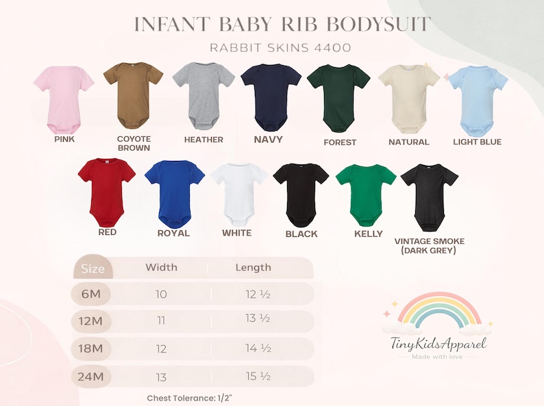 May include: A product image showcasing a variety of infant baby rib bodysuits in various colors, including pink, brown, heather gray, navy, forest green, and light blue. Sizes range from 6M to 24M, with width and length measurements provided in inches.