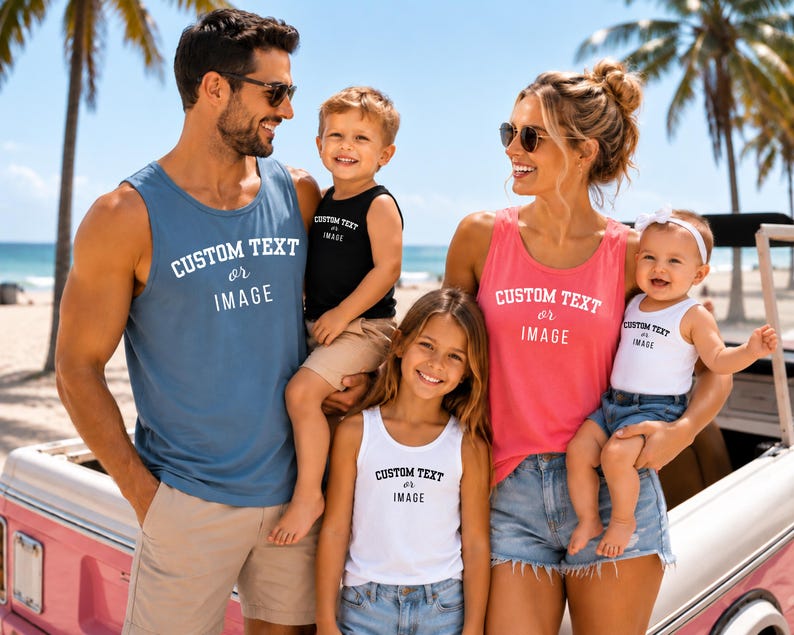 May include: A collection of sleeveless tank tops in blue, black, pink, and white, each featuring the printed text CUSTOM TEXT or IMAGE. These garments are designed for casual wear and display a consistent graphic layout across all four pieces.